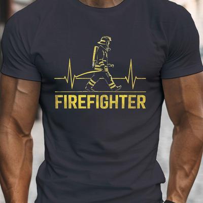 TEMU Men's Round Neck Short Sleeve Tee Featuring A Heartbeat Firefighter Print, A Comfortable And Lightweight Casual Top Summer. Image