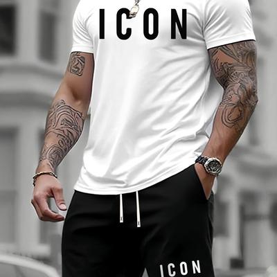 TEMU Men's Summer T-shirt And Shorts Set, , Casual Crew Neck, Stretch Fabric, Regular Fit, With Patterned Details, For Me Image