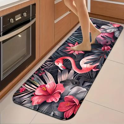 TEMU Festive Flamingo Kitchen Mats: Non-slip, Durable, And Comfortable For Home, Office, And Bathroom - 1.2cm Thickness, Machine Washable, And Made Of Viscose Fabric Image
