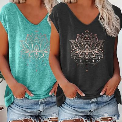 TEMU 2pcs Women's V-neck T-shirts In Solid Colors - Casual Short Sleeve Tees With Mandala & For Lotus Designs, Lightweight Polyester For , Summer Casual Wear | Relaxed Fit Clothing | Polyester Fabric Image