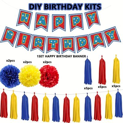 TEMU Colorful Dog Paw Birthday Party Decorations Kits - Red Blue Yellow Happy Birthday Banner With Pom Poms And Tassel Garland, Puppy Theme Birthday Party Supplies Image