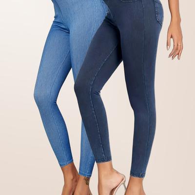 TEMU 2pcs Women's High-waisted Butt-lifting Stretch Denim Print Leggings Image