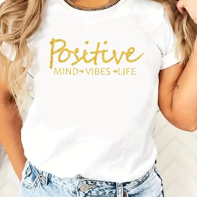 TEMU Golden Positive Lettering Print T-shirt, Fashion Casual Crew Neck Short Sleeve Sport T-shirt, Casual Daily Tops Image