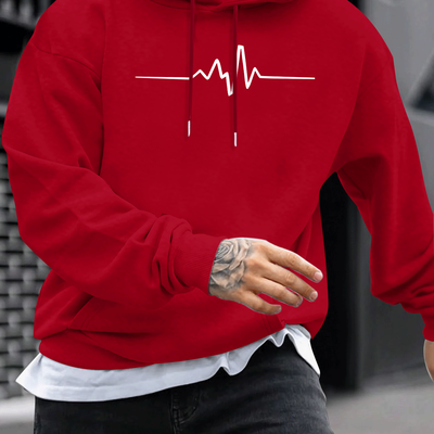 TEMU 1pc Men's Casual Geometric Heartbeat Print Long Sleeve Hoodie, Fall/winter Polyester Knit Fabric With Stretch, Regular Fit Hooded Sweatshirt 2024 Unisex Image