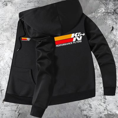 TEMU Men' Gray Performance Filters Hooded Jacket - Trendy Casual Fall/winter Zip-up With Pockets, Striped Cuffs & Waistband, Polyester Blend, Machine Washable Image