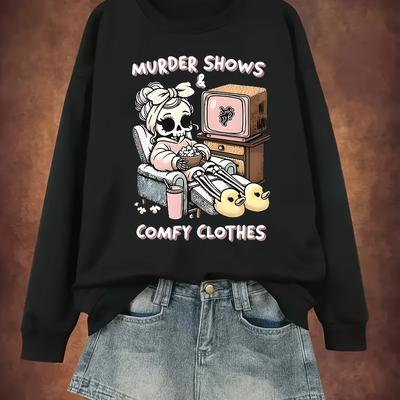 TEMU Women's Casual Crew Neck Sweatshirt, 100% Polyester Knit Fabric, Cartoon , Long Sleeve, Regular Fit, Stretch, - Black Image