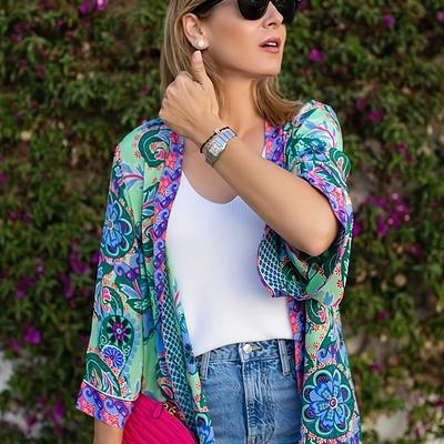 TEMU Plus Size Casual Blouse With All , Polyester Cardigan Collar, Stretch Woven Fabric, 120g/m² - Versatile Fashion Top For Spring/summer/fall Image