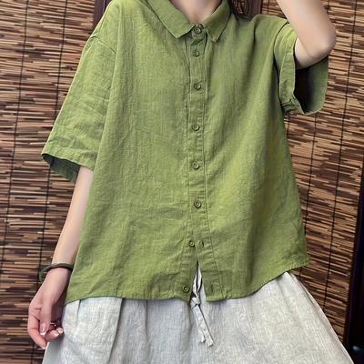 TEMU Women's Elegant Linen Blend Short Sleeve Blouse - Loose Fit, Single-breasted With Lapel Collar, Finish, Spring/summer/fall, Versatile Blouse | Shirt | Classic Collar Styl Image