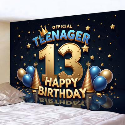 TEMU 1pc, 2d Fabric Backdrop Party Banner Photo Background With Birthday And 13th Birthday Designs Wall Decorations Tapestry For Photo Booth & Indoor Outdoor Events Party Supplies Decor Image