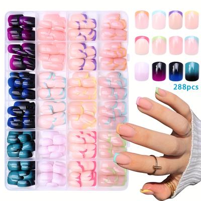 TEMU 288pcs Short Square Nails, French Gradient Design Press-on Acrylic Nails, Transparent Square Nail Set For S And Women, Creative Acrylic Fake Nails With Gift Box, Daily Use Or Festive Occasions Image