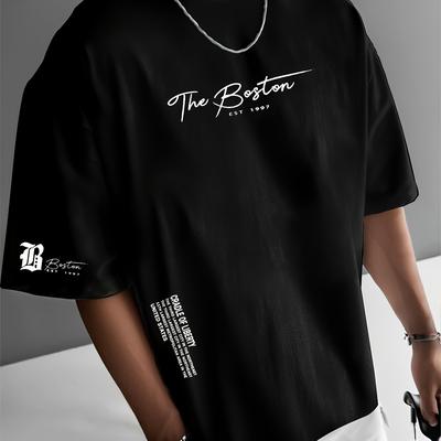 "TEMU Men's Boston Slogan T-shirt - "" Print, Casual Loose Fit, Stretch Polyester Fabric, Crew Neck, Short Sleeve, Summer Knitwear, Black With White Lettering, T Shir" Image