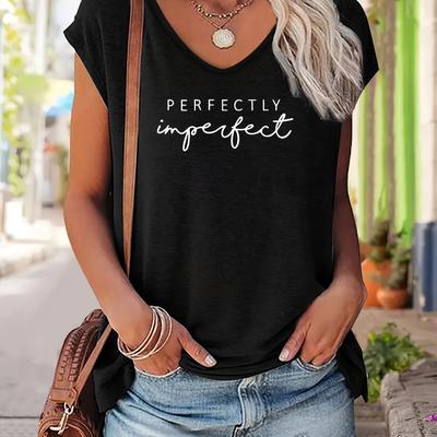 "TEMU Plus Size Black V-neck Sleeveless Tank Top For Women - "perfectly " Inspirational Print, Elegant Casual Summer Wear, Medium Stretch Fabric, Crew Neck Design, Plus Size Tank Tops" Image