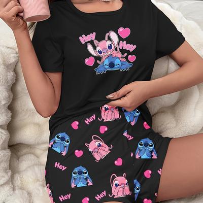 TEMU Cartoon Stitch Women's Pajama Set - Cute Black Shorts With Pink & Blue Heart Prints, Round Neck, Short Sleeves, Home & Relaxation Image