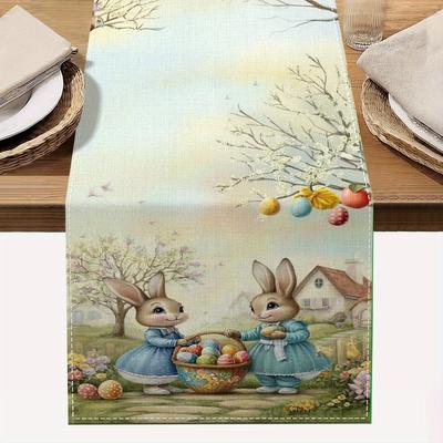 TEMU 1pc, Easter Bunny & Egg Pattern Table Runner - Polyester, Rectangular Kitchen & Dining Decor For Holiday Parties And Outdoor Celebrations Image