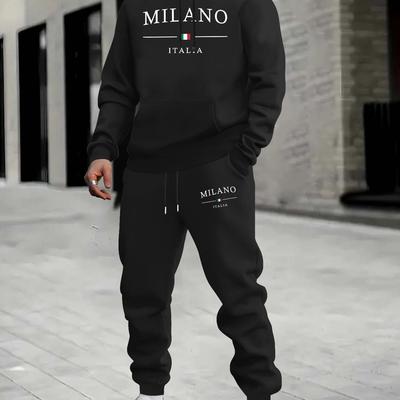 TEMU Fall/winter Men's Italia Print Hooded Sweatshirt And Sweatpants Set - Casual Polyester Knit Fabric Tracksuit With Regular Fit, Stretch Hoodie And Joggers Ensemble Image