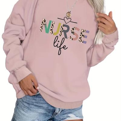 TEMU Plus Size Casual Sweatshirt, Women's Plus Trendy Creative Nurse Letter Print Long Sleeve Round Neck Sweatshirt Image