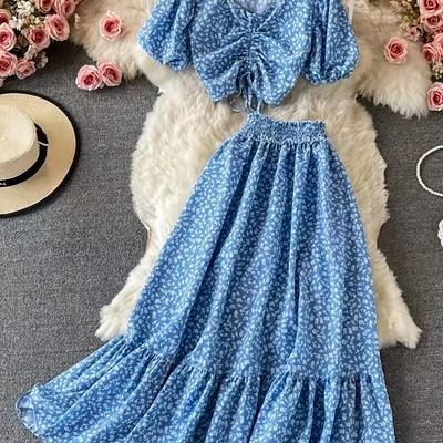 TEMU High-waisted A-line Skirt With Floral Pattern, Fresh And Cute Half-length Skirt Set For Women Image