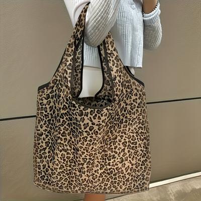 TEMU 1pc Leopard & Flamingo Print Tote Bag Set With Matching Pouch - Foldable, Lightweight Polyester, Washable | Ideal For Shopping, Picnics & Outdoor Activities Image