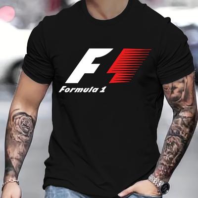 TEMU Men's Graphic T-shirt - Black Short Sleeve Crew Neck Tee With F1 Design, Loose Fit Sporty Casualwear, , Machine Washable, Everyday , Relaxed Fit Shirt, Comfortable Clothing Image