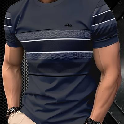 TEMU Men's Casual Striped 3d Print T-shirt - Summer Round Neck Short Sleeve Tee, Navy Vertical Stripes With Logo Design, Machine Washable, Fit For Casual Attire Image