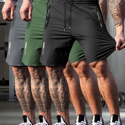 TEMU Men's High-elastic Solid Shorts With Zipper Pockets, Reflective Strip Prints, Breathable Drawstring Design, Suitable For Running, Yoga, Training, And Hiking, Lightweight For Summer. Image