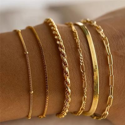 TEMU 6pcs Boho Chic 24k Golden Plated Alloy Bracelet Set - Vintage & Minimalist Chain Designs For Women, & Parties, Versatile Jewelry, Bohemian Bracelet Collection Image