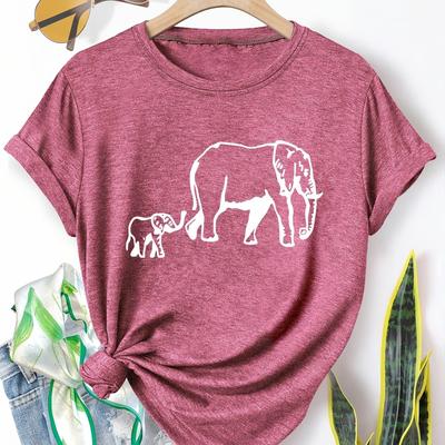 TEMU Women's Casual Crew Neck T-shirt With Elephant Print, Medium Stretch Fabric, Vintage Style Short Sleeve Top For All , Sizes S-xxl Image
