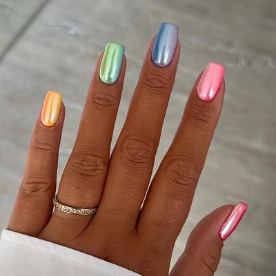 TEMU 24pcs Short Square Press-on Nails - Pastel Rainbow Glossy Finish, Solid For Everyday & Special Occasions, Easy Application Fake Nails For Women, Cute Nails Image