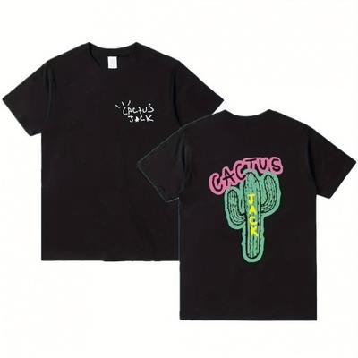 TEMU Men's Hip Hop Graphic T-shirt - White Short Sleeve Round Neck Tee With Vibrant Cactus & Text Print, Machine Washable Casual Streetwear For All , Apparel, Design, Crew Neck Shirt Image