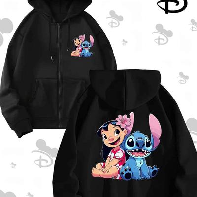 TEMU & Stitch Warm Companionship Hoodie - Cozy Pullover With Drawstring, Black, Fall & Winter, Women's Casual Wear, Cartoon Clothing Image
