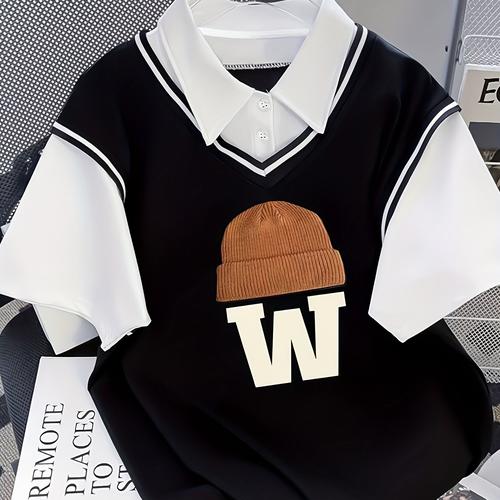TEMU Polo Shirt Fake Pièces Américain Rétro Rue Amusante Chapeau Lettre 2025 T-Shirt À Manches Courtes Pour Hommes Et Femmes Été Haute Couple Hauts