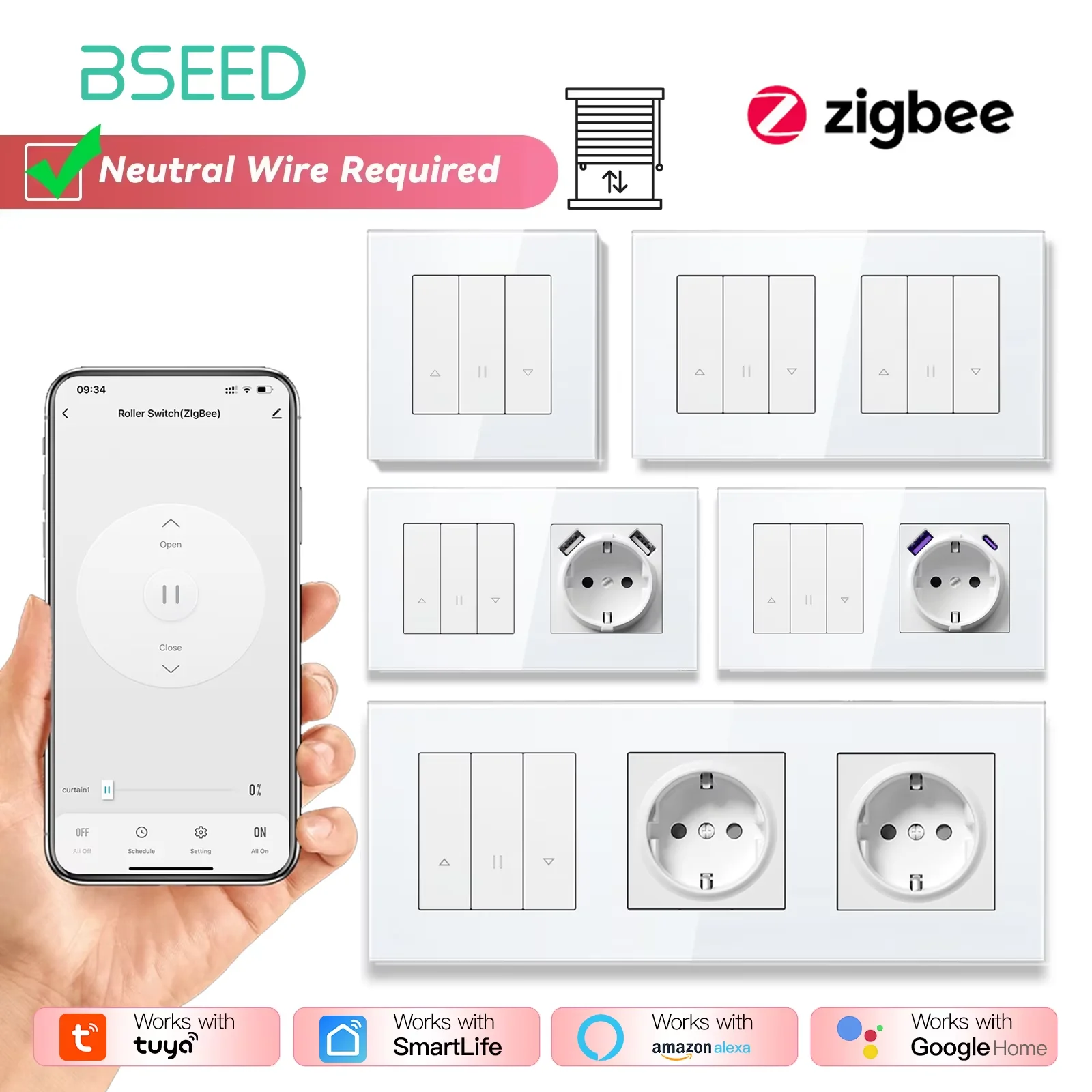 BSEED Zigbee Smart Shutter Jalousien Schalter Tuya Alexa Sprachsteuerung Plus Lichtschalter Normale Steckdosen USB Typ-c EU-Standard Image