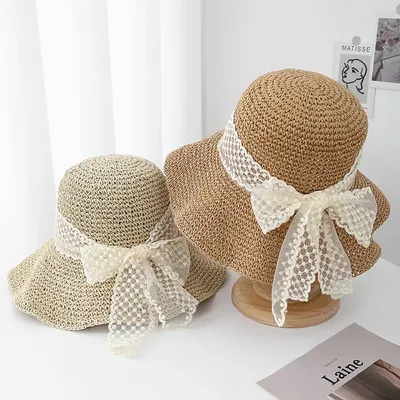 Summer Hats For Women With Big Lace Bow Korean style Wide Brim Foldable Sunshade Sun Hat Lady Bucket Hat Beach Accessories New