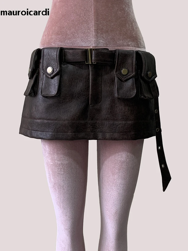 Frühling Sommer Braun Pu Leder Mini Rock Frauen Dreidimensionale Taschen Luxus Designer Vintage Emo Kleidung Runway Fashion