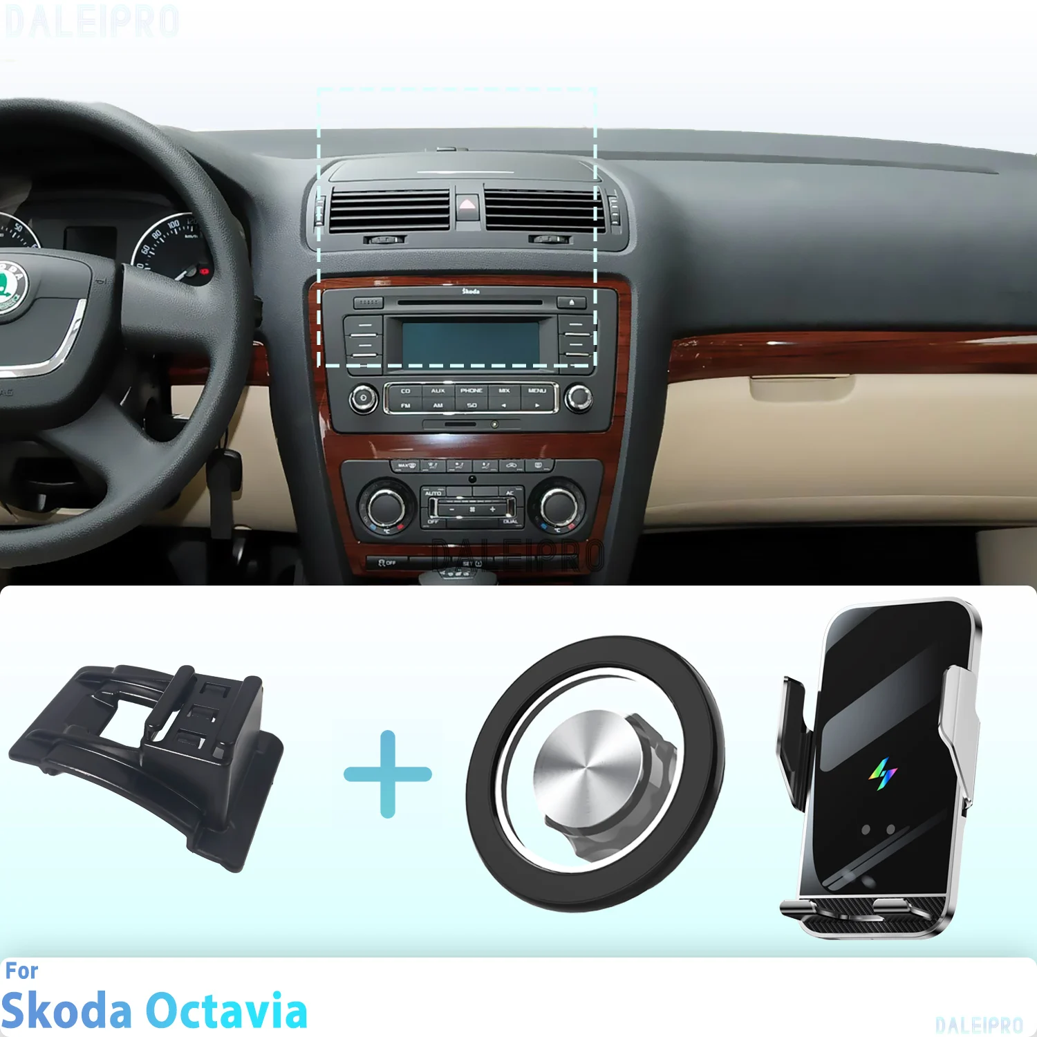 Maßgefertigt für Skoda Octavia 2007-2014 Handyhalterung Auto Magnetische Halterung Smart Sensing Kabelloses Laden Ein-Touch-Freigabe Qi Image