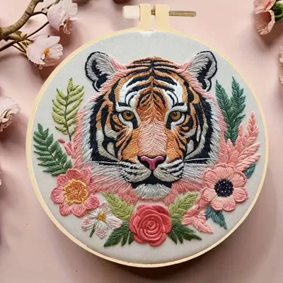 1pc Embroidery Kit Animal Tiger Rose Sewing Cross Stitch Set Crafts Supplies Adults Home Wall Decoration