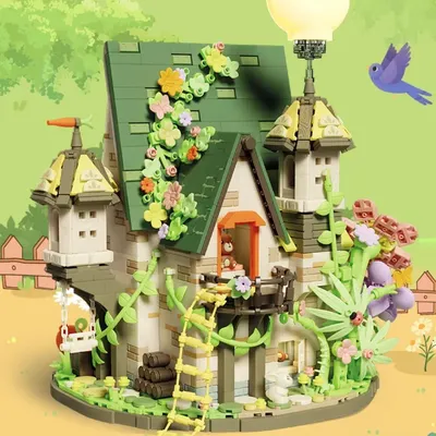 MOC Märchen Cartoon Blume Kaninchen Haus Baustein Set Miniatur Wald Baum Hütte Spielzeug Dekor Image