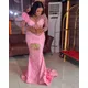 Pink Aso Ebi Formal Evening Gowns African Prom Dresses Long Sleeves Beaded Lace Illusions Evening Dress Beading Nigerian African