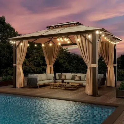 10'x12' Hardtop Double Roof Gazebo with Aluminum Frame, Curtains, and Netting, Outdoor Permanent Pavilion with Polycarbonate