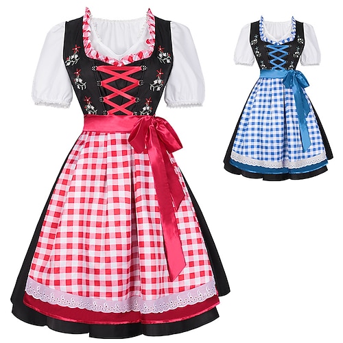 Damen Karriertes Dirndl Kleid mit Schürze und Bluse für das Oktoberfest Wiesn Bierfestival Image