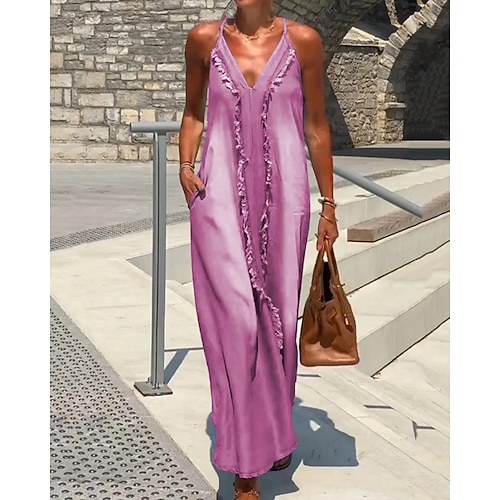 Per donna Abito Lungo Maxi Abito Finto cotone e lino Abito Boho Vestito Estivo Abiti in cotone e lino Vintage Moda All'aperto Feste Ferie Vestibilità regolare Ombre Senza Maniche Scollo a V Blu Nero