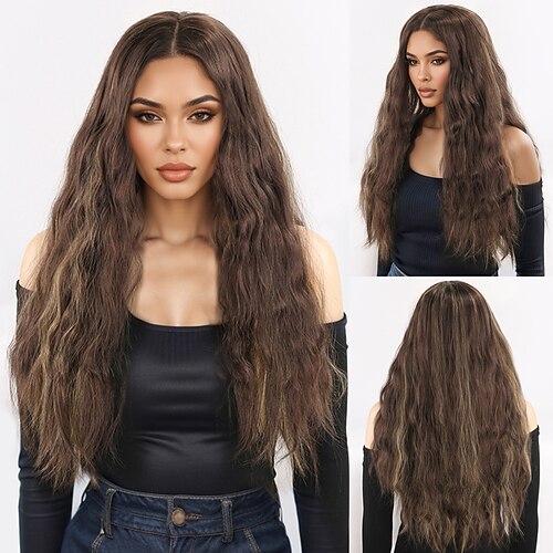 Synthetische Perücken Gewellt Mikro Locs Stufenschnitt Mit Pony Maschinell hergestellt Perücke 28 Zoll A1 Synthetische Haare Damen Klassisch Bequem Farbverläufe Braun Image