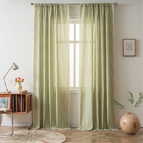 Boho Vorhänge Bedruckte Baumwoll-Leinen Stangen-Taschen Vintage Bauernhaus Bohemian Quasten Fensterbehandlung 1 Paneel Terracotta Streifen Blumen für Schlafzimmer Esszimmer Image