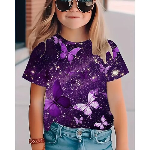 Mädchen 3D Schmetterling T-Shirt Kurzarm Sommer Frühling Mode Basic Kinder 4-12 Jahre Rundhalsausschnitt Outdoor Lässig Täglich Normale Passform Image