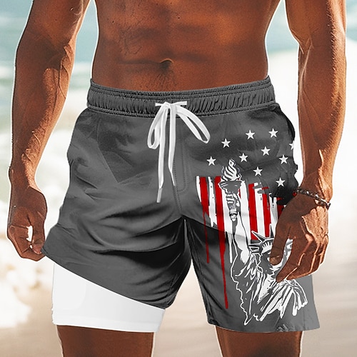 Tag der Unabhängigkeit Herren Flagge 250. Jahrestag des Unabhängigkeitstages der USA am 4. Juli Freiheitsstatue Gefütterte Shorts 2 in 1 Badeshorts Badehosen Mittlere Taille Ferien Seitentaschen Mit Image