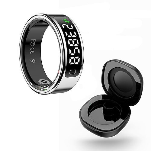 r11c Smartring mit Touchdisplay und Ladeetui – Herzfrequenz-, Schlaf-, Blutsauerstoffmonitor, Schrittzähler, Gestensteuerung, wasserdichter Fitnessring aus Edelstahl Image