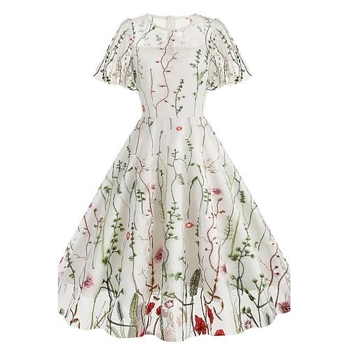 Damen Minikleid A Linie Kleid Tüllkleid Elegant Party Cocktail Outdoor Abendgesellschaft Party Bestickt Netz Normale Passform Blumen Kurzarm Rundhalsausschnitt Blau Schwarz Weiß Image