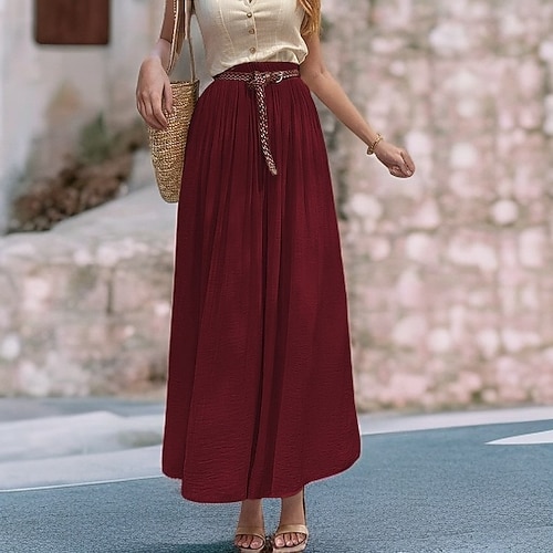 Per donna Taglia standard asiatici Svasato Gonne di lino Elegante Casual Midi Vita Alta Gonne Tinta unita Arricciato Pieghettato Fluido Micro-elastico Vacanza Quotidiano Vinaccia Nero Bianco Rosa