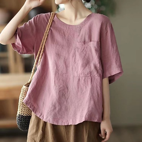 Damen Baumwoll-Leinen-Hemden Leinenhemd Leinen-inspirierte Sets Bluse Tasche Einfach Modern Kurzarm Rundhalsausschnitt Normale Oberteile Ferien Ausgehen Purpur Orange Grün Khaki Sommer Image