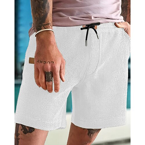 Herren Waffel-Shorts Shorts Sommershorts Freizeitshorts Tasche Kordelzug Elastischer Bund Einfach Komfort Atmungsaktiv Kurz Outdoor Urlaub Sport Lässig Schwarz Weiß Image